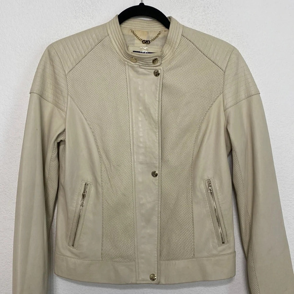 Cole Haan Cream Moto Lambskin Leather Zip Pockets Quiet Luxury Preppy Jacket M - Picture 1 of 8